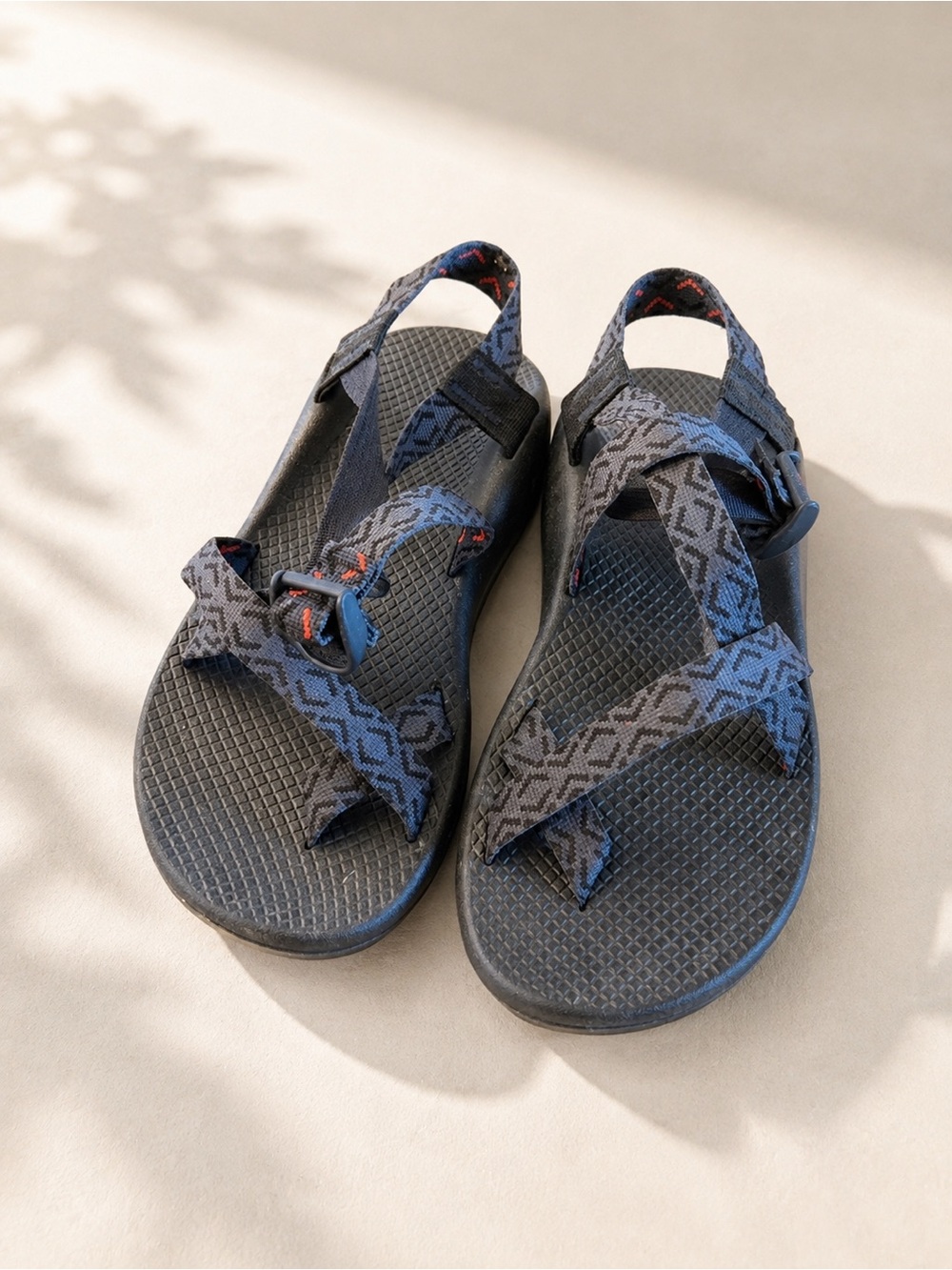Chaco Men's Strappy Sandals in Black and Gray with Blue Accents
